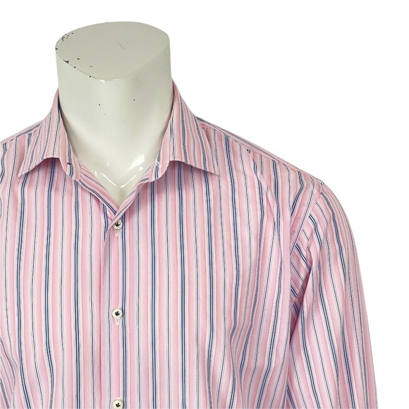 Gianni Orvietto Super Fine Cotton Italy Pink Blue Striped Dress Shirt Mens 17-36 - Picture 8 of 10